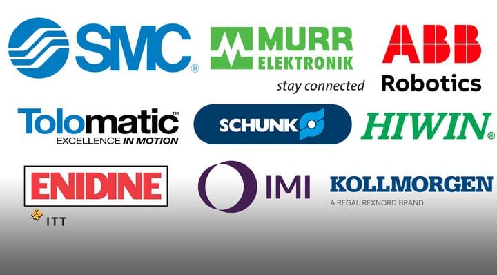 Logos of SMC, Murrelektronik, ABB Robotics, Tolomatic, SCHUNK, HIWIN, Enidine, IMI and Kollmorgen
