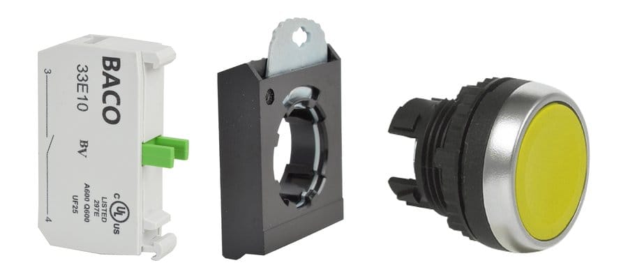 Contact block, mounting clip and pushbutton operator