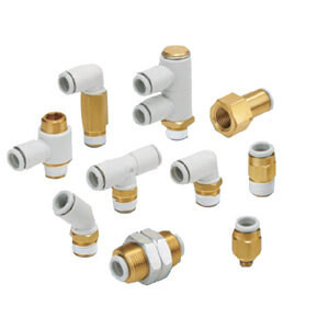 The SMC KQ2E10-00A is a bulkhead type fitting for 10mm OD tubing. The KQ2E10-00A fitting has brass threads.