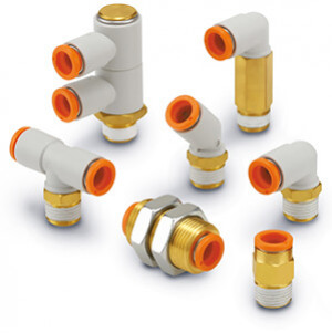 SMC KQ2 one-touch, metric and inch size fittings are available in a wide variety of sizes, body styles and thread types. The use of a special profile seal allows the KQ2 to be used for a wide range of pressures from a low vacuum up to a pressure of 1MPa.
